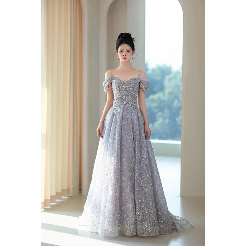 

Purple Evening Dress 2025 New Fashion Sexy Sling Sequins Sexy Princess A-line Skirt Formal Dress Women Elegant Party Dresses