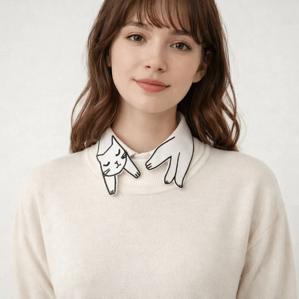 Casual Cartoon Cat Fake Collar Slim Short Sleeve Base Layer Top Cotton Solid Color Detachable False Collar Versatile