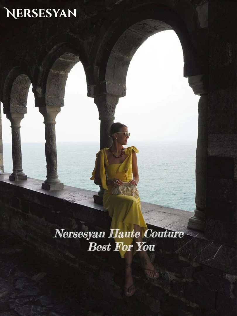 Nersesyan élégant jaune sirène robes de soirée bretelles Spaghetti nœud col carré robes formelles robe de soirée d'invité personnalisé