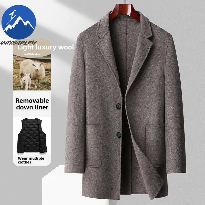 Maxbarley Premium Woolen Coat Luxury Detachable Down Jacket Outdoor Office Windproof Coat Mens Casual Korean Style Trench Wear