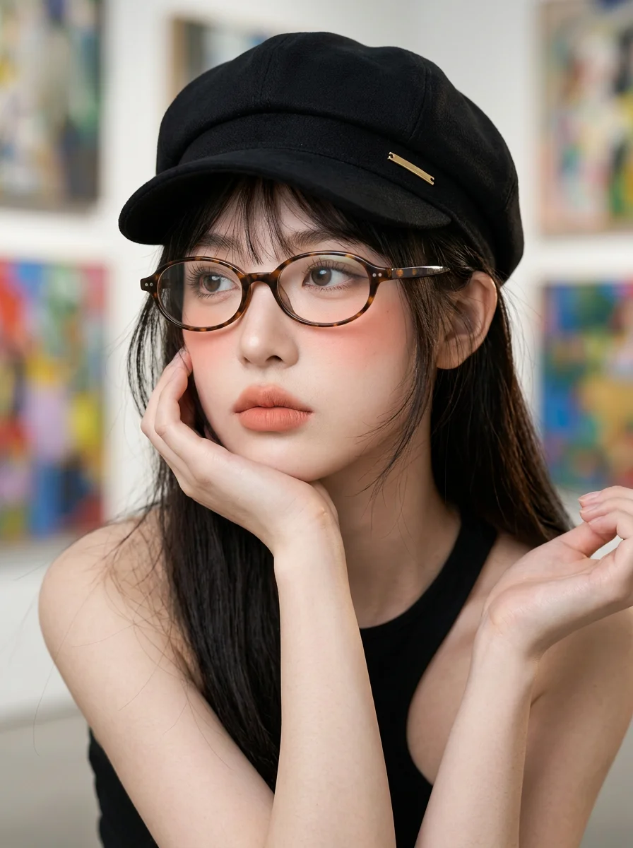 black-octagonal-beret-hat-women's-fashion-autumn-winter-face-slimming-british-retro-style-wide-brim-adjustable-size-cap