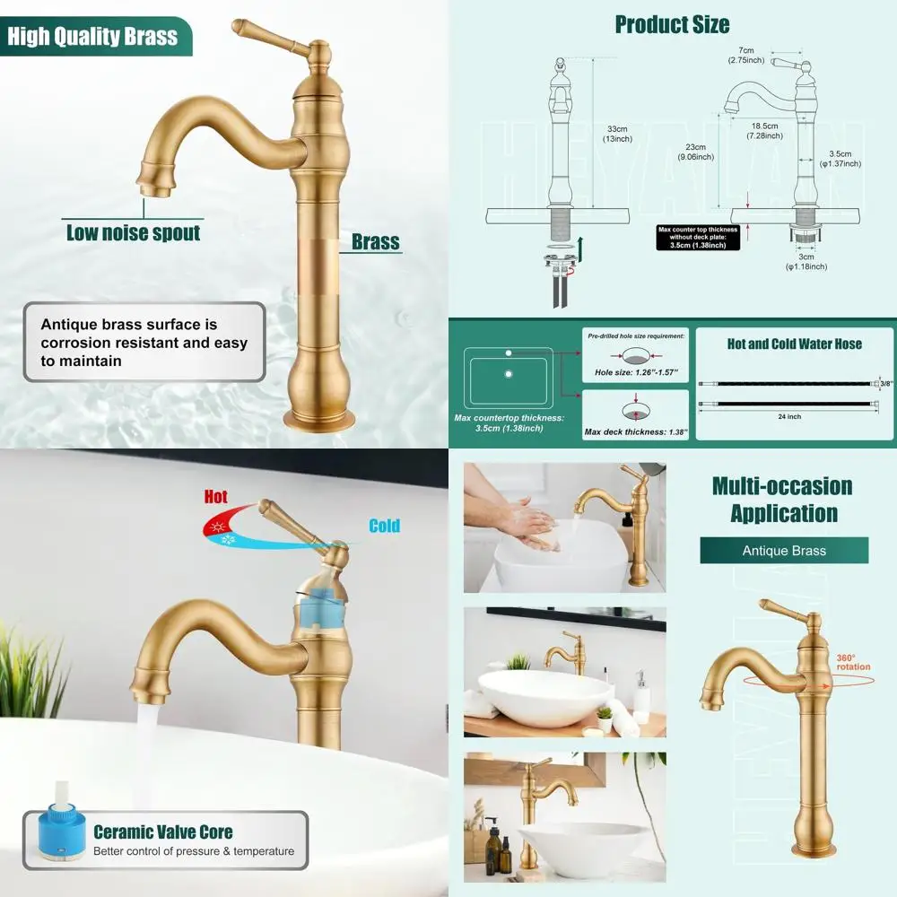 

Антикварный латунный смеситель для раковины с одним отверстием и одной ручкой, с высоким изливом и сливом, 360° ° Регулируемый смеситель для ванной комнаты-фургона