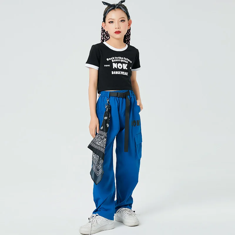 Mode Mädchen Kleidung Kinder Jazz Tanz kleidung schwarze Tops blaue Cargo hose Kinder kpop Hip Hop Tanz Outfit Festival tragen dl10278