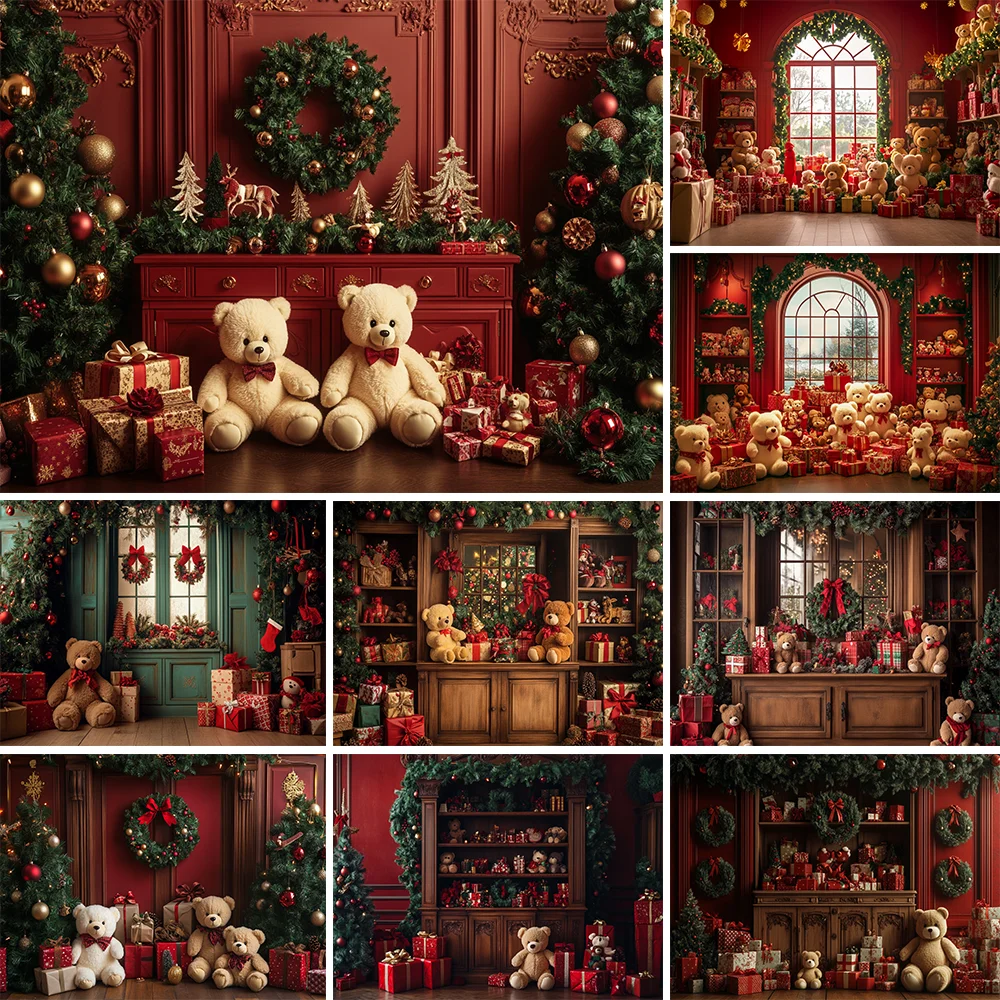 

Christmas Photography Background Window Cute Bear Gifts Glitter Xmas Tree Kids Family Portrait Decor Backdrop Photo Studio