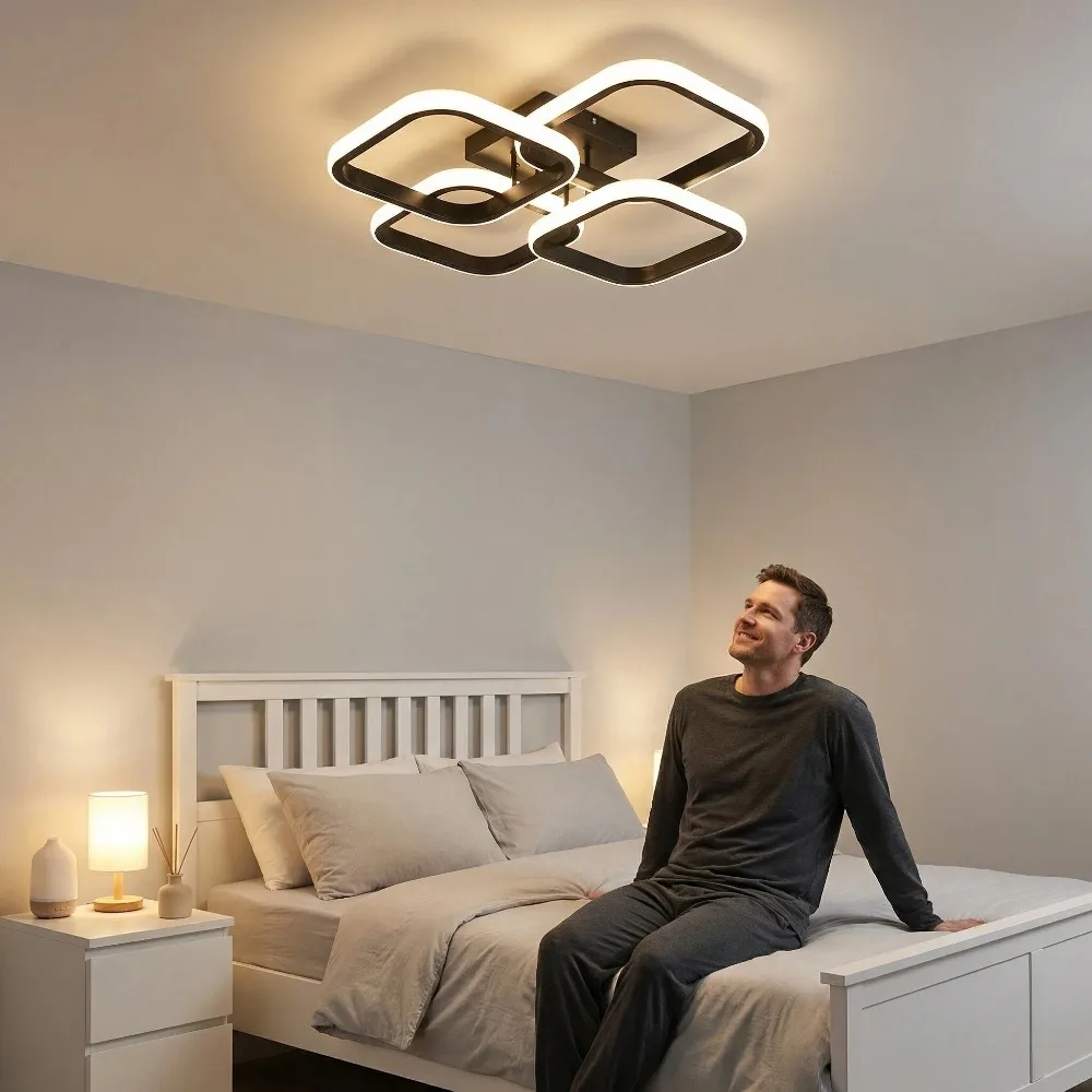 LED Ceiling Lamp 3-Color Light Living Room Design 40W Square Acrylic Ceiling Lamp Black Modern Aluminum Ceiling Light Fixture