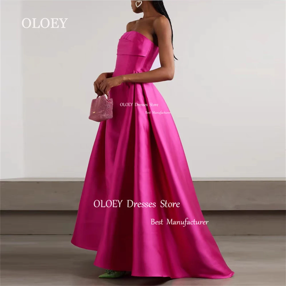 

OLOEY Modest Strapless Pleats Satin A Line Formal Evening Dress High And Low Length Wedding Party Gown Zip Back Custom Made