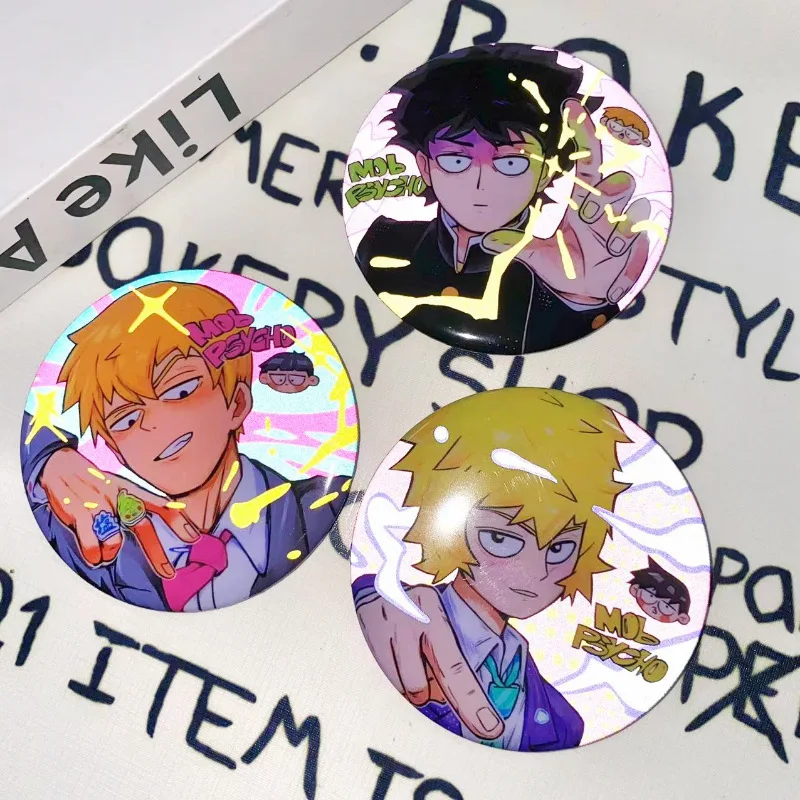 Anime Shigeo Kageyama Mob Reigen Popular 75mm Double Flash Reflective Fan Badge Two-dimensional Peripheral Manga Enamel Pin