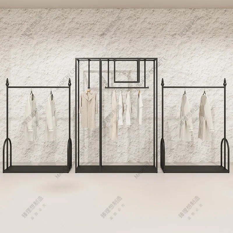 Clothing store display rack Floor-to-ceiling double-layer front side hanging clothes rack Men's and women's clothing wrought