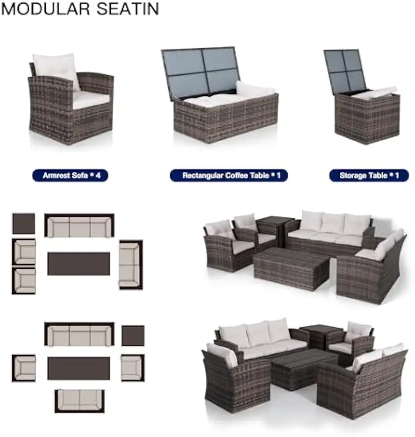 Outdoor Wicker Rattan Sofá secional e Sofá Set, Mobiliário Pátio, 2 Mesas de Armazenamento e Almofadas, Conversa Set, 6 PCs