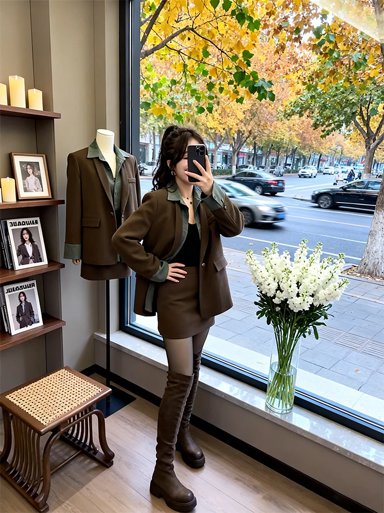 Korean Style Women's Black Suit Jacket Spliced Collar Office Wear Autumn Winter plus Size Fashionable Casual Warm Long Sleeve