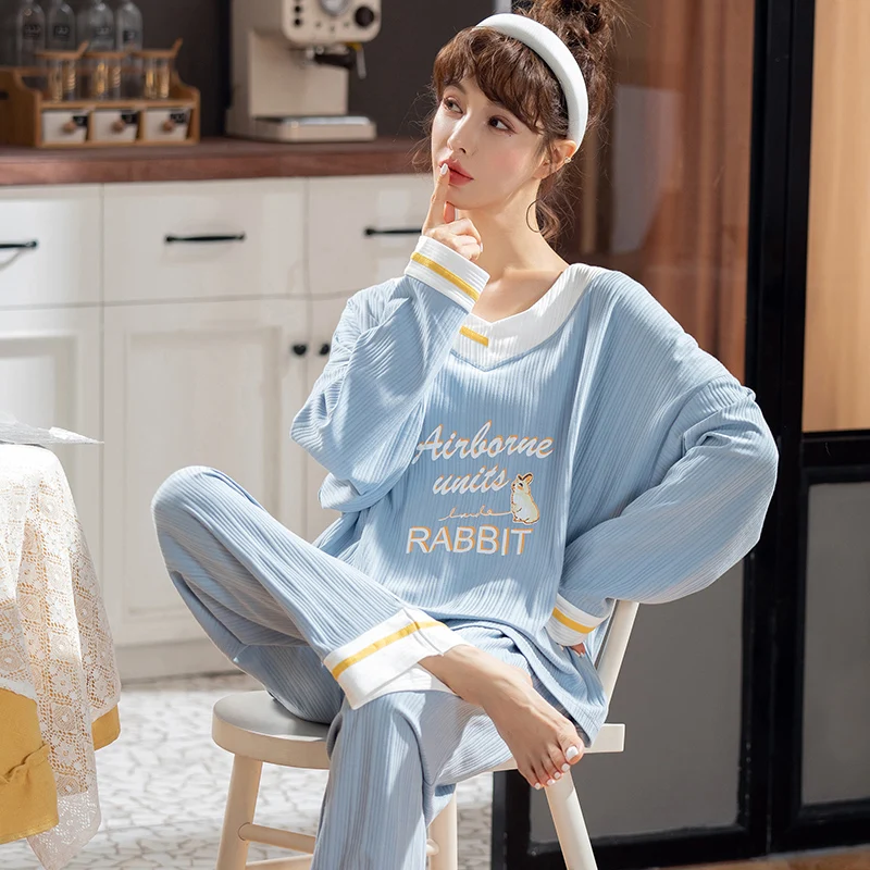 Spring Thin 2pieces Pyjamas Set Women Tops 2024 Cotton Round Neck Girls Pajamas Sets Printed Sleepwear Clothes Pijamas Mujer