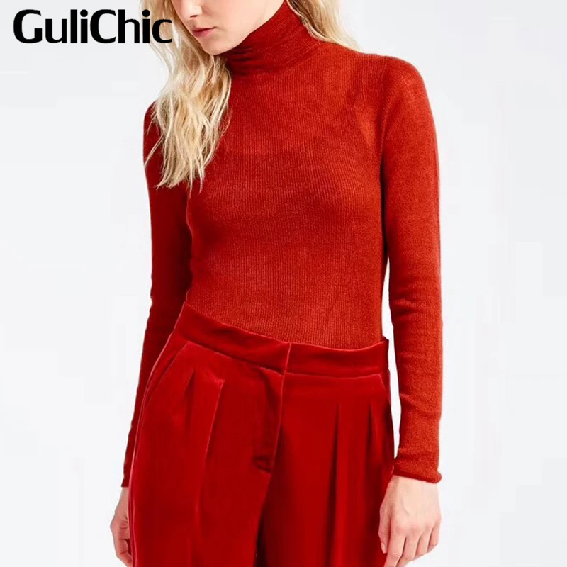 12.1 GuliChic-Turtleneck Cashmere Sweater for Women, Knitted Thin Pullover, Monochromatic, Soft Top