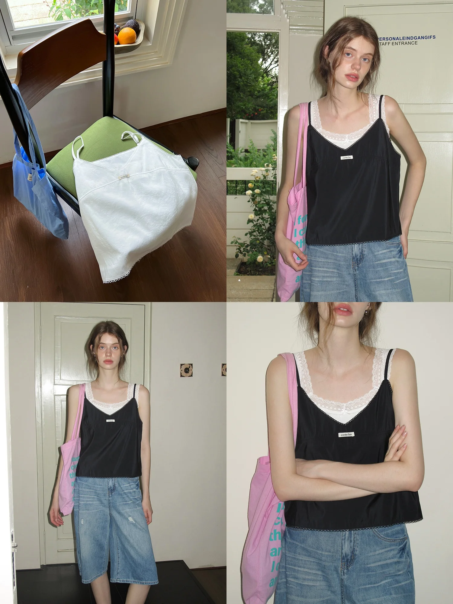 

Loose Fit Letter Lace V-Ne Tank Top Women's Summer ort Outerwear EGGKA Korean Sle Casual Polyester Fiber Straight Cut