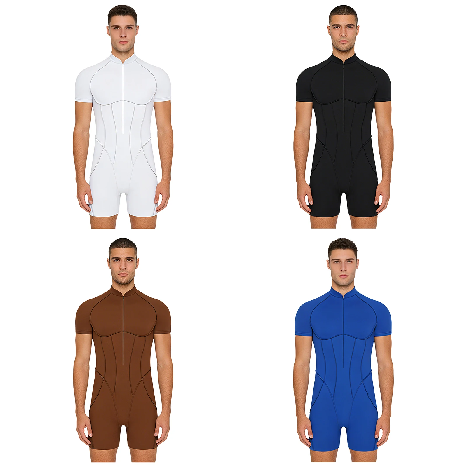 Men Short Sleeve Zipper Workout Bodysuit One-piece Bodybuilding Shapers Cycling Swimming Running Fitness Sports Boxer Jumpsuit