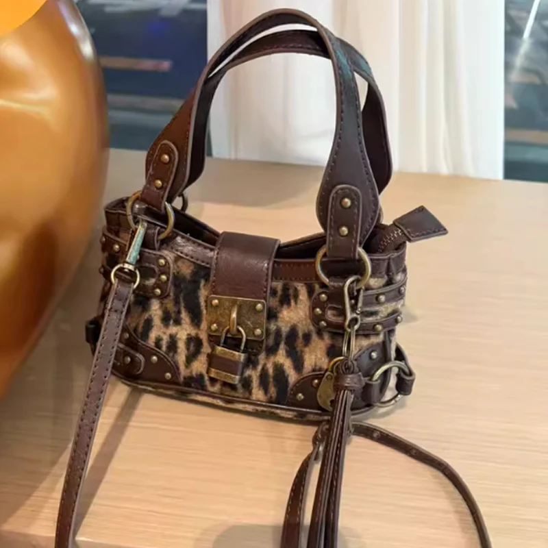 

SHELKSBAG Women's Motorcycle Crossbody Shoulder Y2k Rivets Punk Bag Street Fashion Small Handbag High Quality Mini Tote Bags