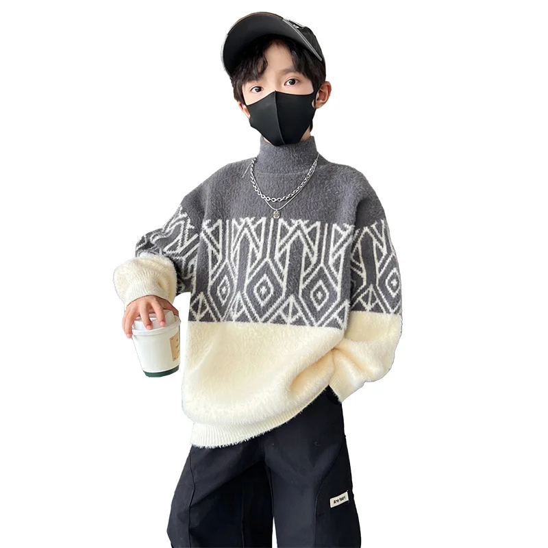 

Spring Fashion Boys Mink Fur Sweater For 5-14Years Child Geometric Knitwear Kids Elegant Half Turtleneck Collar Knitted Clothing