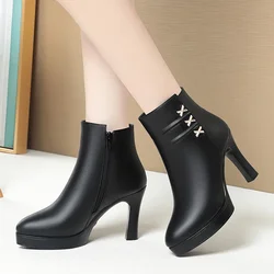 7cm 9cm Elegant Office Ladies Soft Leather Boots with fur Fall Winter 2024 Block High Heels Ankle Boots Plush for Mom Daily