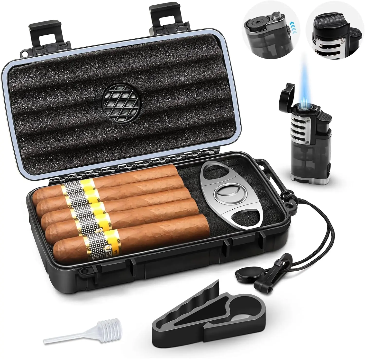 

Portable Travel Cigar Humidor Kit - Holds 5 Cigars, Waterproof & Crushproof with Lighter, Cutter, Humidifier