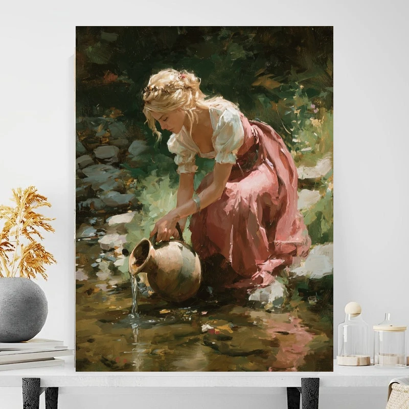 Vintage Woman Pouring Water Oil Painting By Numbers for Living Room Bedroom Home Decor Perfect Gift Frameless