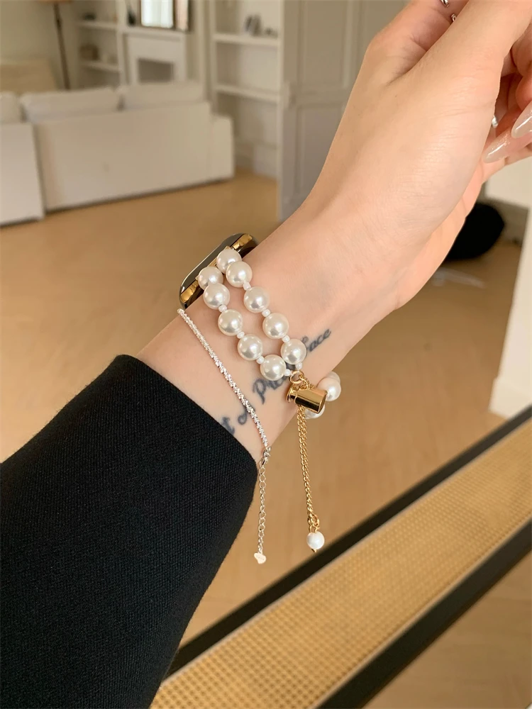 Luxury Diamand White Pearl Bracelet For iWatch Series 8 7 6 5 4 3 SE Women Slim Strap For Apple Watch 41mm 40mm 38mm 45 42 44 49