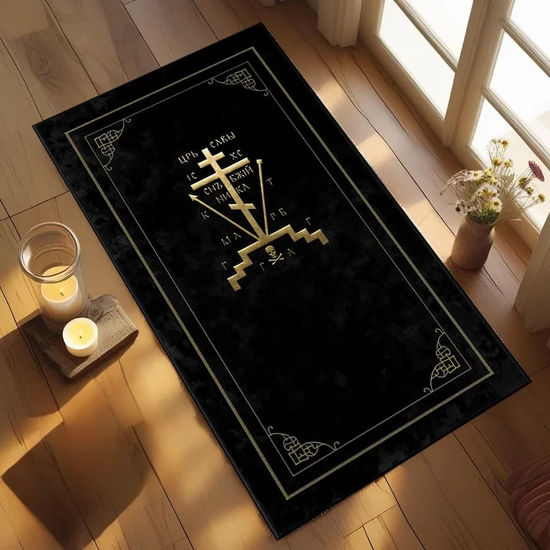 Gothic Black Gold Orthodox Calvary Cross Prayer Rug, Slavic Christian Home Decor, Non-Slip Religious Mat  Bedroom Living Room