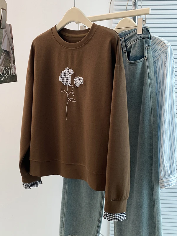 Automne hiver brodé longue Sve couche de Base T-shirt Sweat-shirt faux deux pièces Design femmes Faion liquidation S