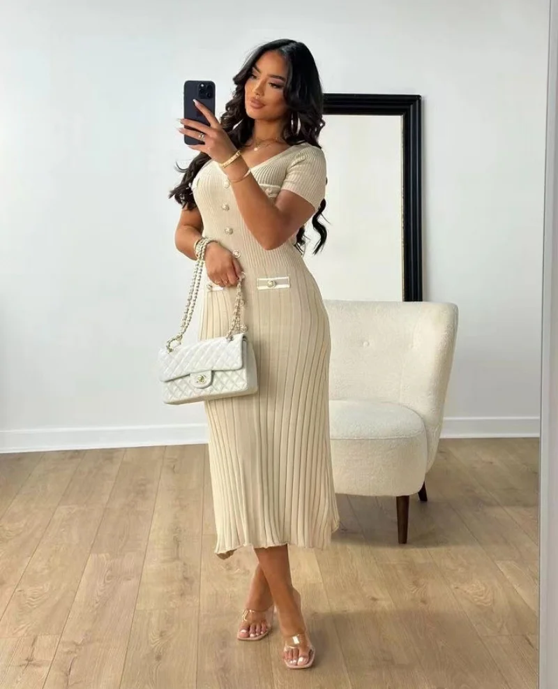 Eleganckie, dzianinowe sukienki maxi Bodycon z krótkim rękawem, falbankami, jednorzędowe, 2025, nowa sukienka Casual Communte Streetwear Vestidos