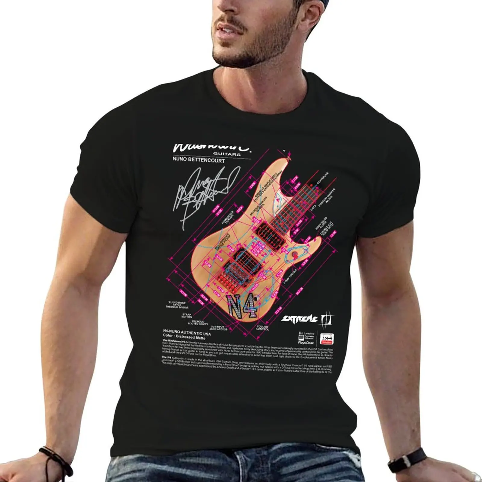 Camiseta Washburn N4 Blueprint, camiseta de algodón para hombre, camisetas de diseñador, camiseta negra de algodón lisa para hombre, paquete de camisetas