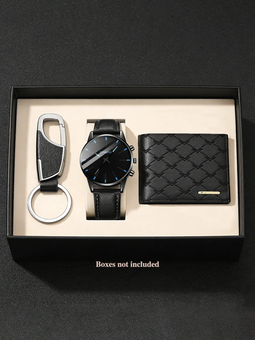 Men's Casual Fashion PU Leather Quartz Watch Set with Wallet Keychain - Business Accessories Gift Without Box
