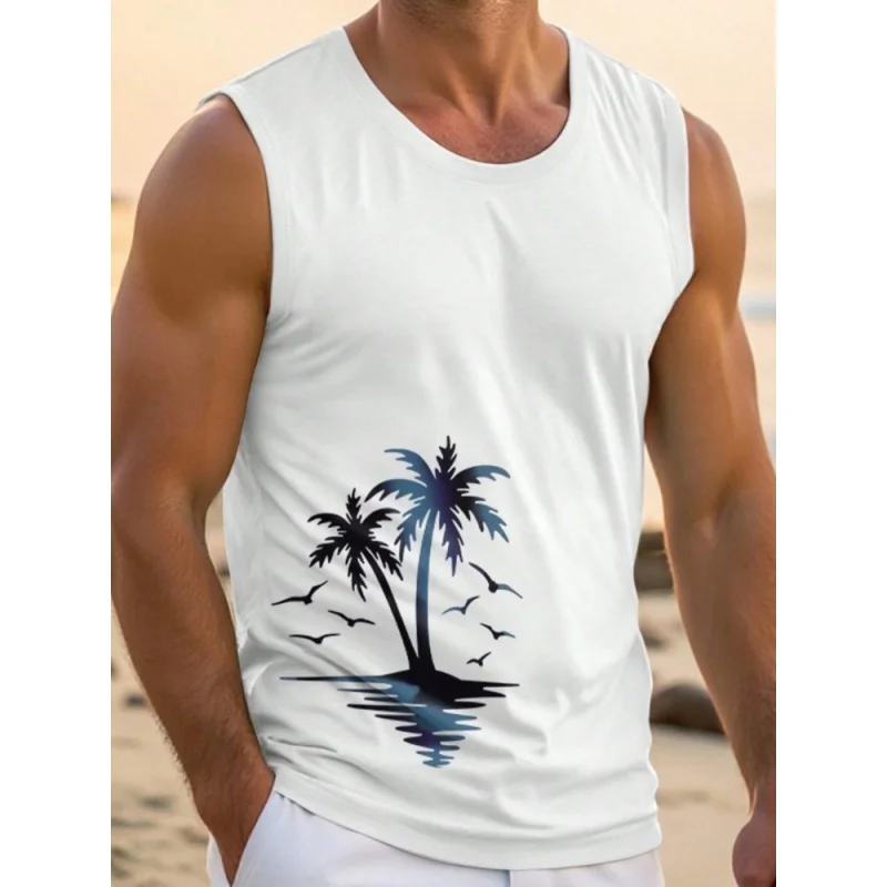 3D Printed Hawaiian Fruit Tank Tops For Men Coconut Trees Pattern Tees Summer Loose Vacation Street Sports Tops Round Neck Vest