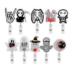 Acrylic Halloween Spooky Ghost Eyeball Skeleton Retractable Badge Reel Rotating ID Badge Holder Crocodile Clip For Doctor Nurse