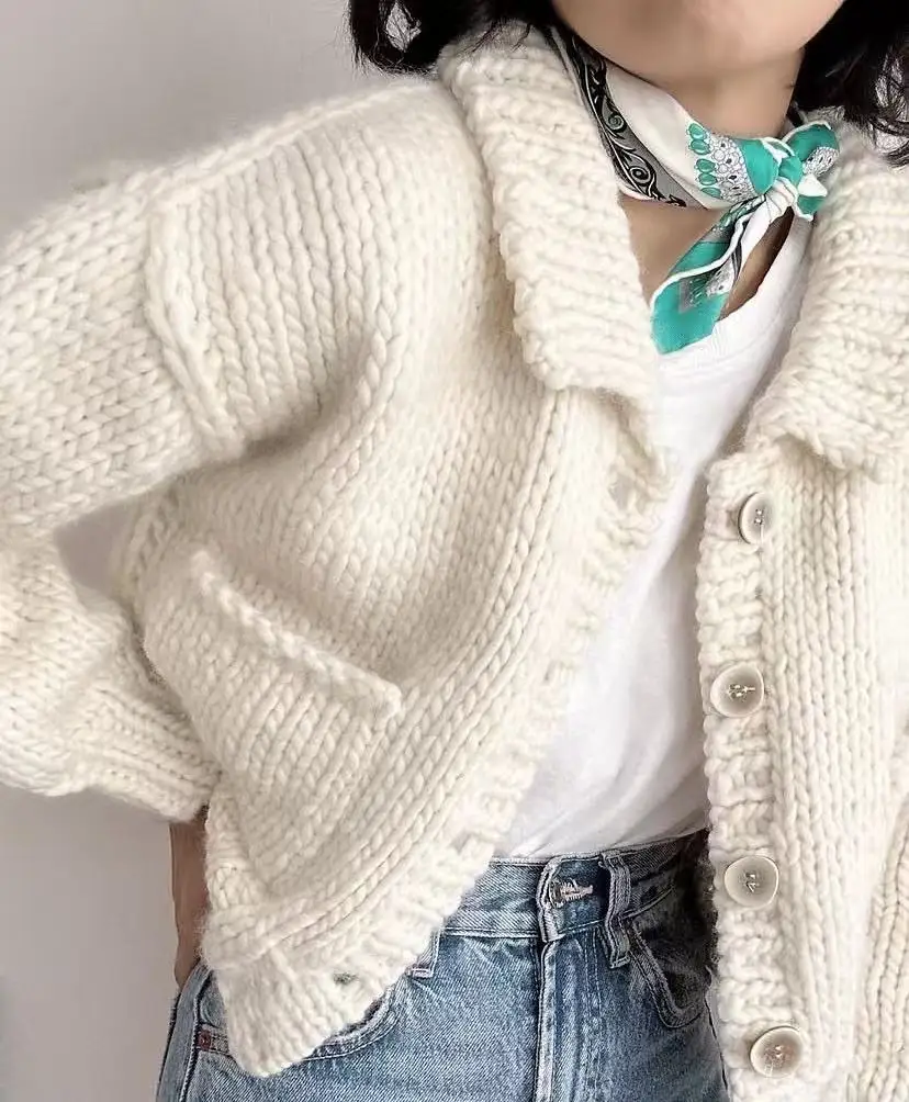 Early Autumn Loose Korean Style Lazy Slimming, Concealing Flesh, Thick Thread Lapel, Handmade Knitted Cardigan,