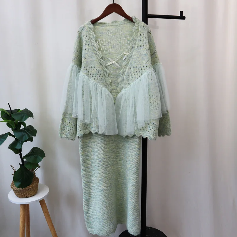 Cardigan tricoté à panneaux en maille pour femmes, coupe ample, découpé, robe débardeur, ensemble pull 2 pièces, nouveau Style automne hiver 2025