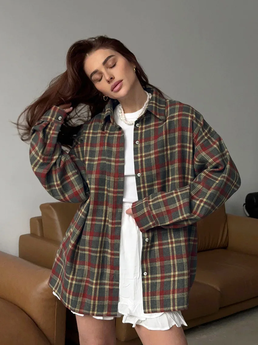

Retro Women's Shirt Spring Autumn Plaid Casual Loose Fashion Commuter Style Tops Long-sleeved Lapel Single-breasted Clothing