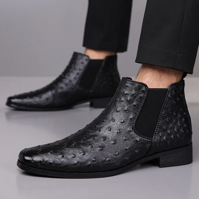 Mens Pointed Ostrich Pattern Pu Leather Casual Chelsea Ankle Boots Luxury Designer Autumn Business High Top Shoes Zapatos Hombre