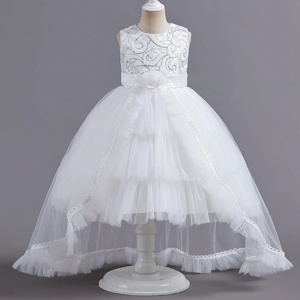 ELBCOS-Robe de soirée à paillettes brodées pour filles, robe complète, jupe à queue mate, ceinture à fleurs sans manches, perles, document solide, costume pour enfants, 4-16T