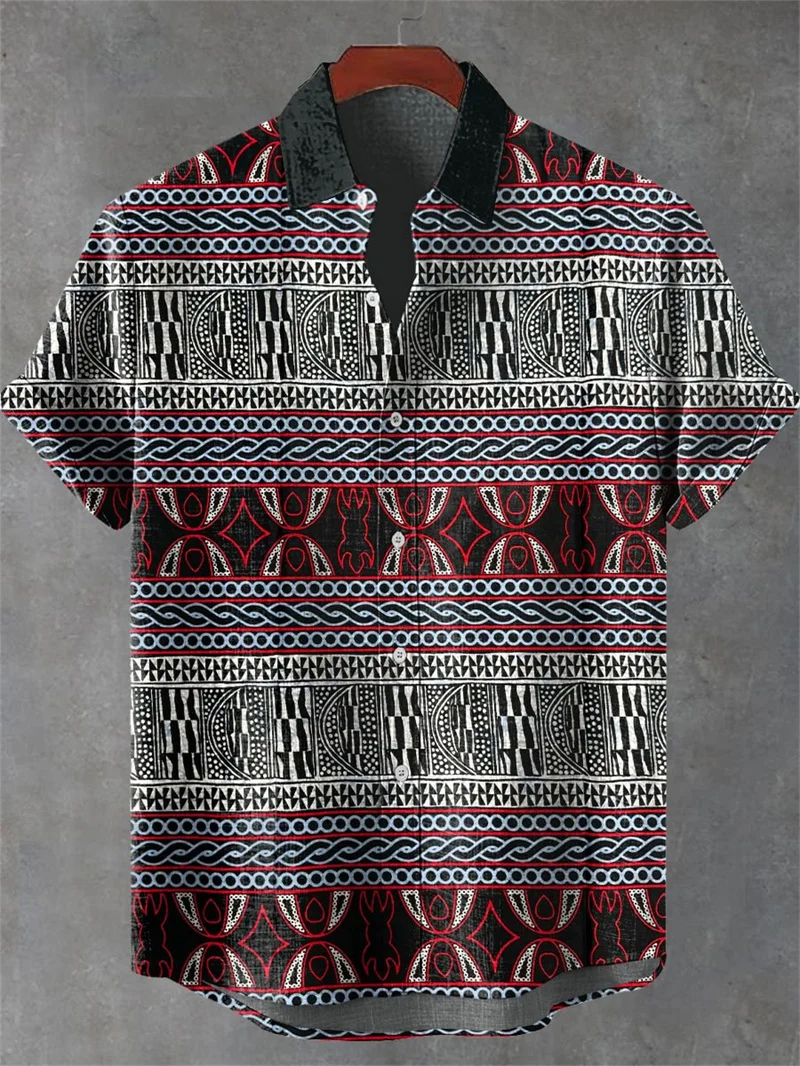 

Мужская рубашка с коротким рукавом с геометрическим узором, летняя винтажная мужская льняная рубашка со слоном, повседневная одежда с коротким рукавом