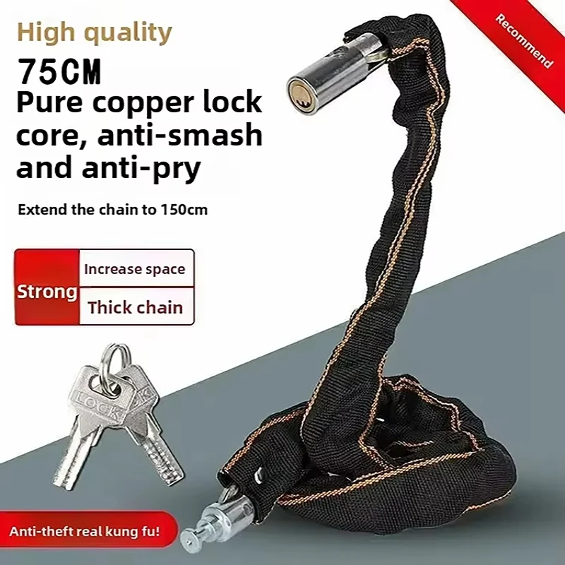 65cm Portable Bicycle Chain Lock With 2 Keys Hardened Steel Fabric Sleeve Anti‑Theft Lock for MTB E‑Bike Scooter