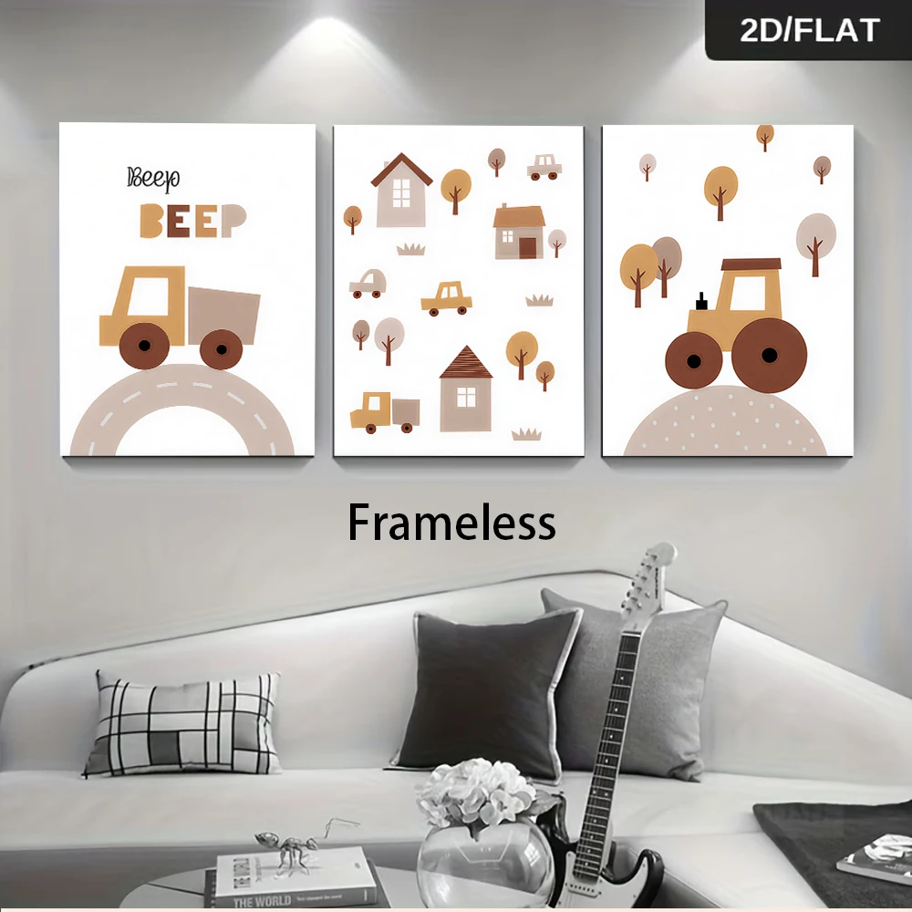 1 set of modern minimalist cartoon car triple decoration paintings with cute and interesting vehicle themes, frameless 2D plan
