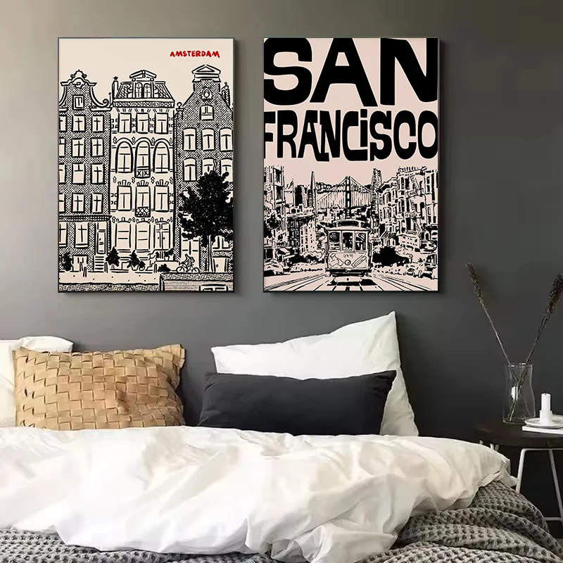 الرجعية مدينة السفر باريس سان فرانسيسكو لندن العمارة بناء رسم المشارك حائط لوح رسم الفن صور ديكور المنزل