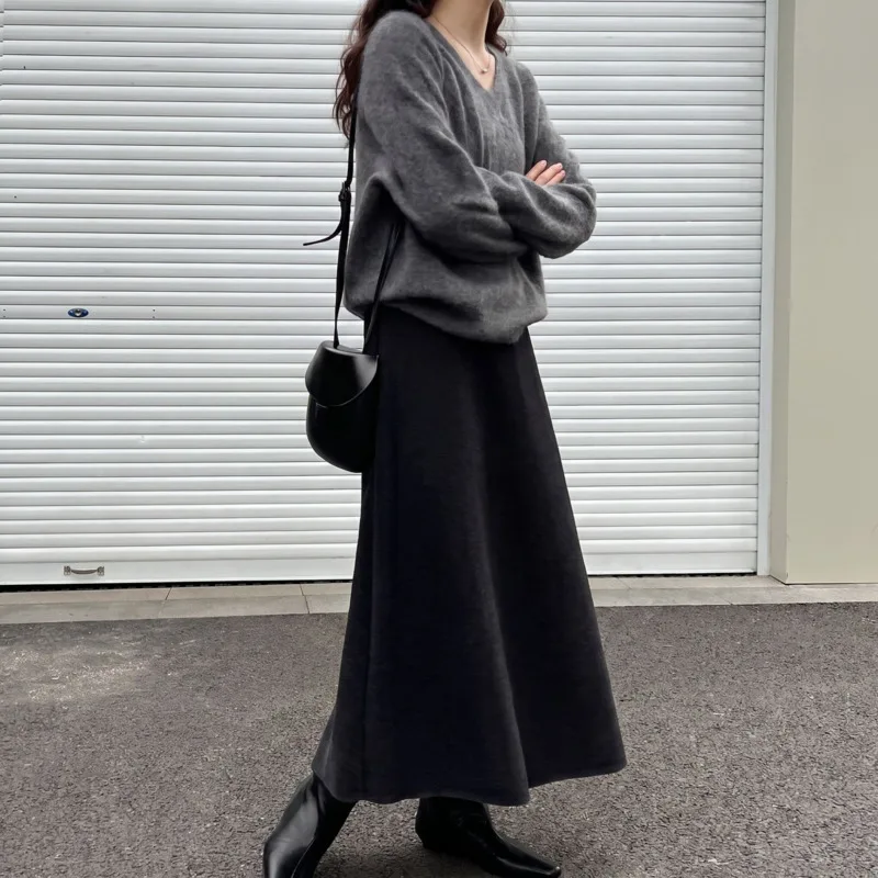 Acetic Acid Wool Blend Six-piece A-line Skirt Winter Women Elastic High Waist Elegant Long Woolen Skirts