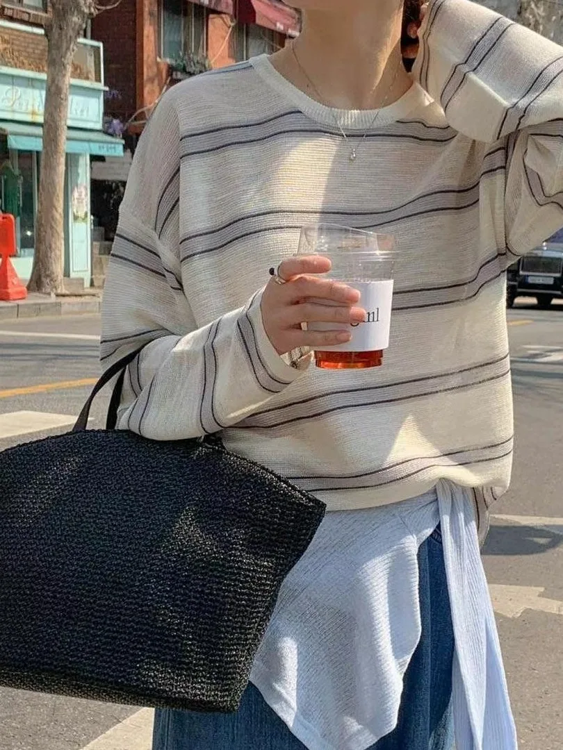 

Легкий солнцезащитный полосатый трикотаж, женский длинный круглый топ Fre Sle, осенний модный повседневный свободный крой