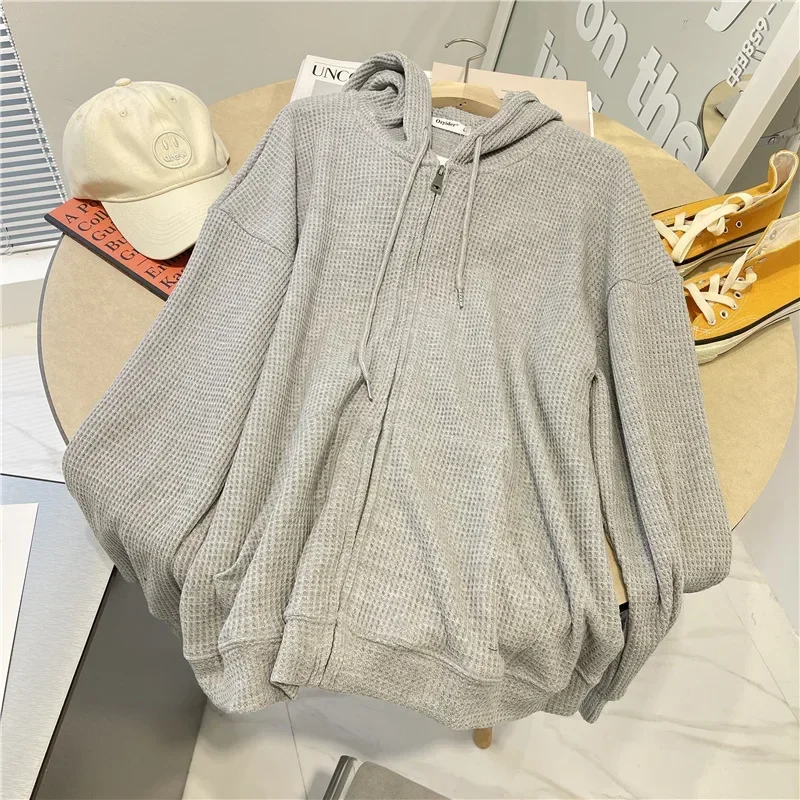 

New Hoodie Woman Waffle Outer Sleeve Female Autumn And Winter Loose Hundred Tide Zipper Cardigan Sweater Female Tops Outside Y2k