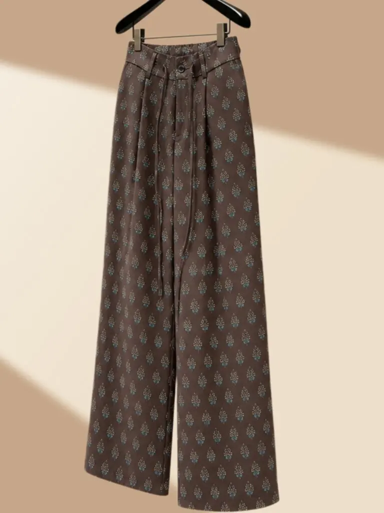 Retro Floral Print Wide Leg Pants Women's Summer Thin High Waist Drawstring Drapey Straight Long Trousers Casual Comfortable