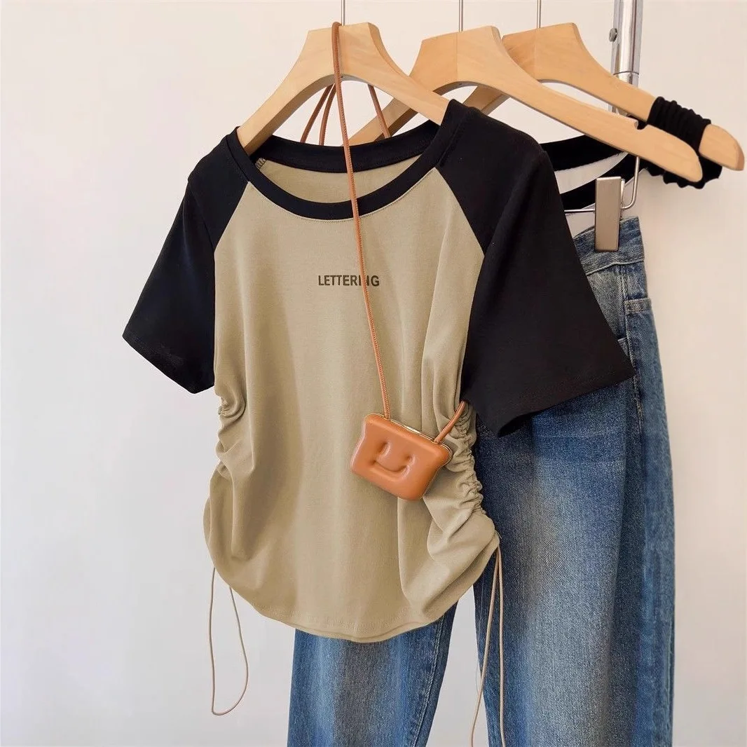 Summer Plus Size Women's New American Color-Block Raglan Printed Loose Unique Irregular Drawstring Short Sleeve T-Shirt