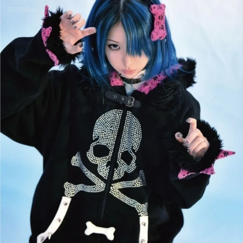 Streetwear Punk Hoodie Women 2025 Ropa Mujer Harajuku Fashion Hooded Y2k Jackets Skull Thicked Casual Jaoanese Sweatshirts Tops