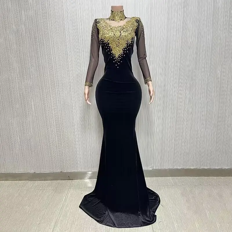 

Sexy Tight Black Velvet Rhinestone Celebrity Long Dress 2023 Elegant Evening Empress Cross dressing Stage Performance Costume