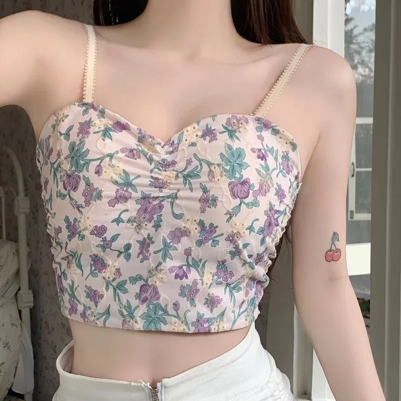 2024 Women Camisole Padded V Neck Slim Sexy Expose Navel Flower Print Slim Sexy Tank Tops Spring Summer Sleeveless All-Match