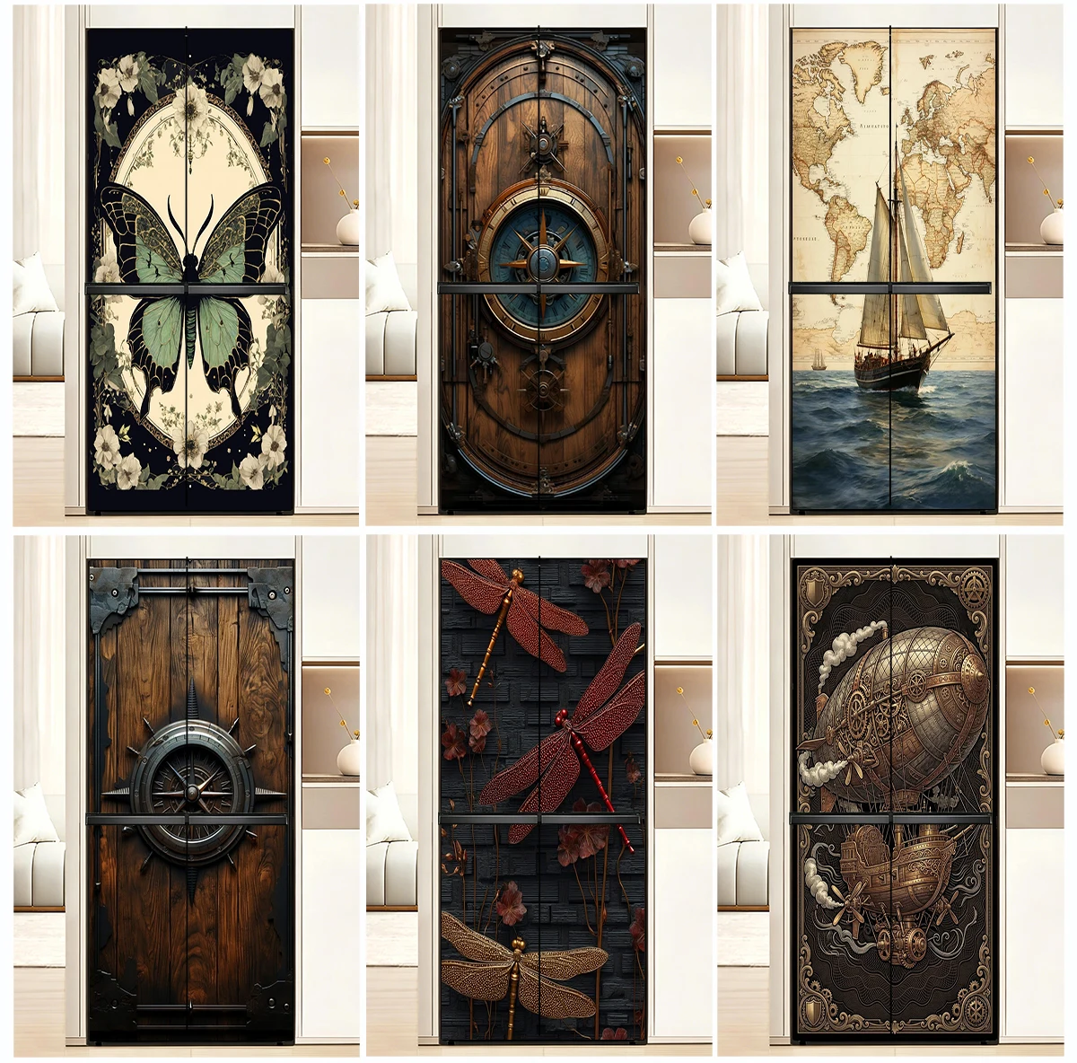 Steampunk Ship Wheel Fridge Sticker Waterproof Self-adhesive Peel and Stick Refrigerator Cover Decal Home Wall ArtKitchenDecor