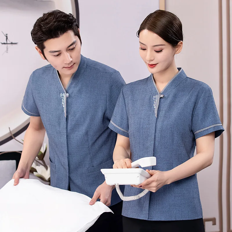 Summer Work Clothes Women's Linen Short Sleeve Hotel Hospital KTV Cleaning Aunt Tooling Custom Logo